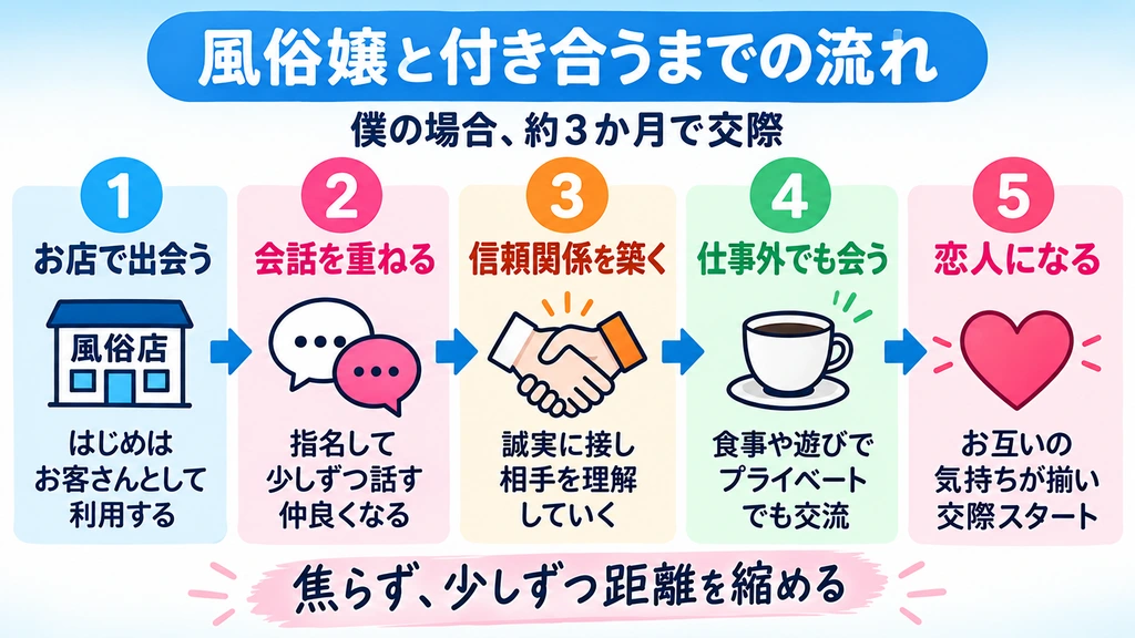 風俗店での出会いから信頼関係を築き恋人になるまでの流れを示した図解
