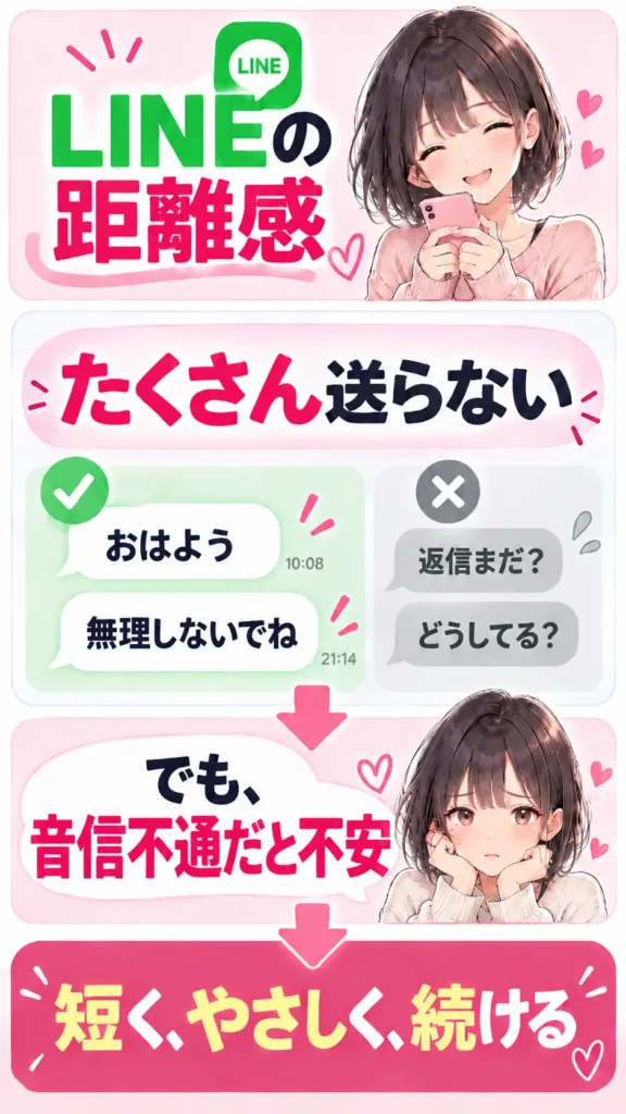 返信を急かさず短いLINEを送る距離感を示した図解