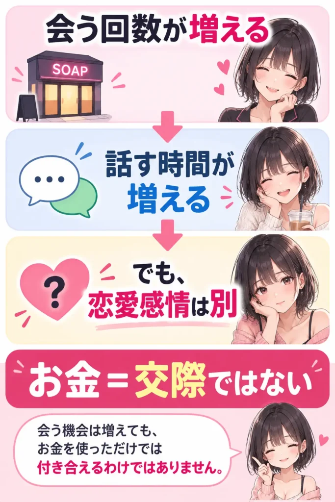 会う回数が増えてもお金だけでは交際につながらないことを示した図解