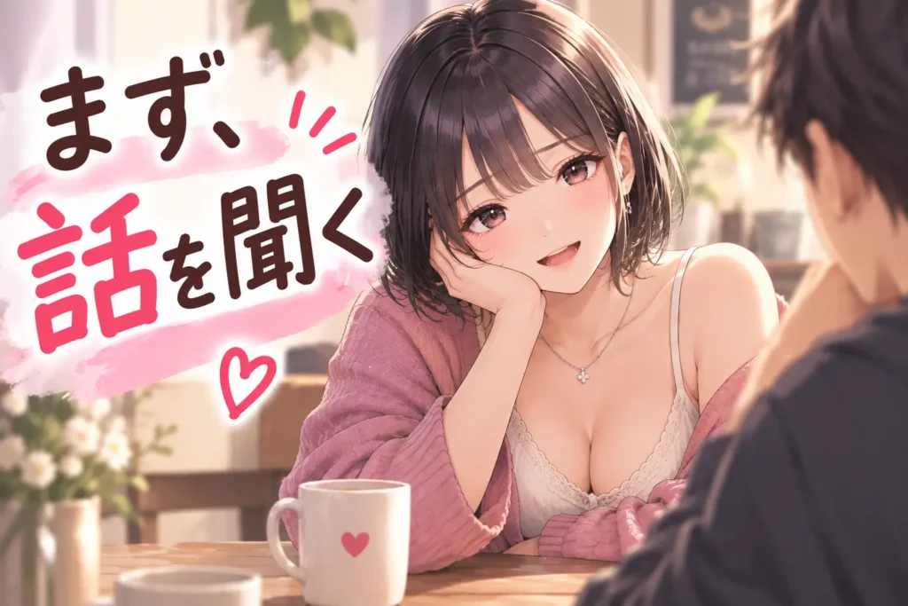 黒髪ボブの女性の話を男性が穏やかに聞いているイラスト