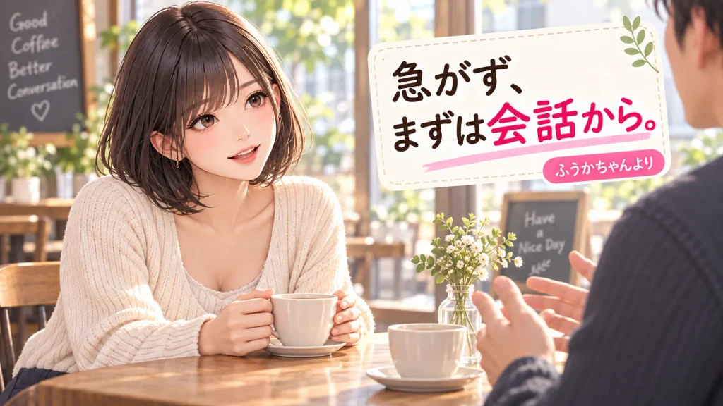 カフェで相手と向き合い、急がず会話から始めようと伝えるふうかちゃん